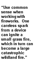 Text Box: Use common sense when working with fireworks.  One careless spark from a device can ignite a small grass fire, which in turn can become a large catastrophic wildland fire.