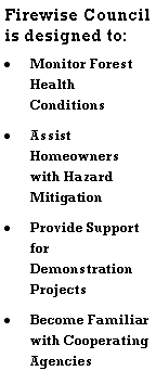 Text Box: Firewise Council is designed to:Monitor Forest Health ConditionsAssist Homeowners with Hazard MitigationProvide Support for Demonstration ProjectsBecome Familiar with Cooperating Agencies
